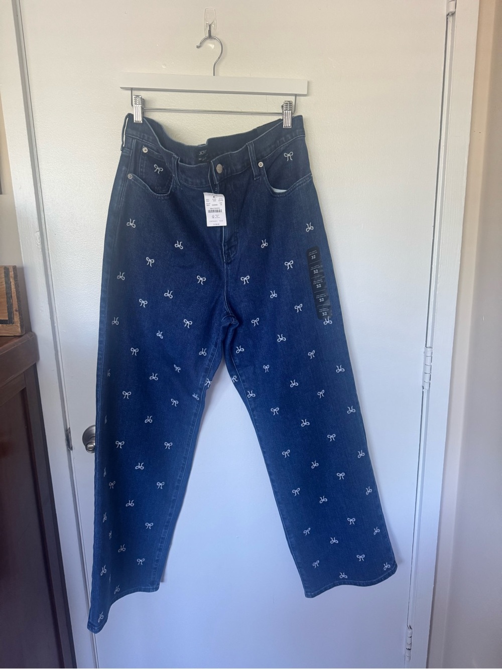 J. Crew Dark Blue Boyfriend Jeans with White Bow Embroidery